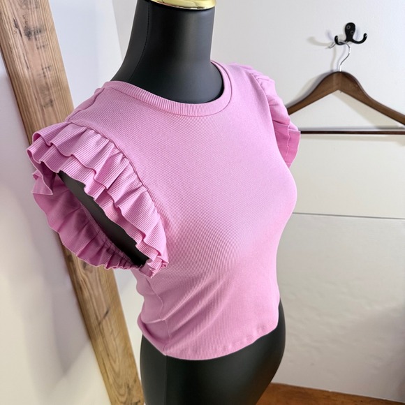 NWOT Zara Women's L Pink Ribbed Ruffle Sleeve Top Fitted Knit Shirt - Picture 2 of 9